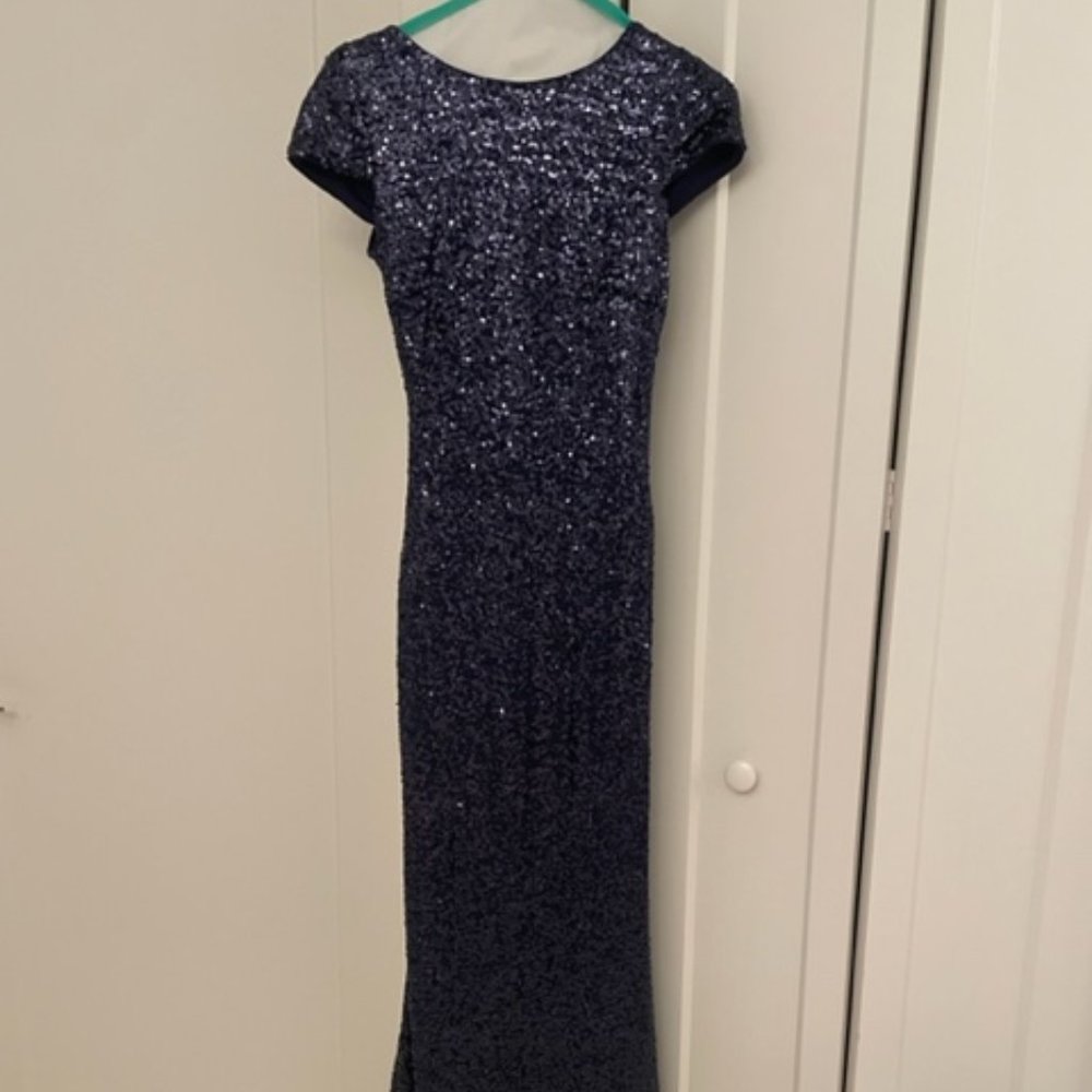 Badgley Mischka Sequin Cowl-Back Gown, Navy, XS